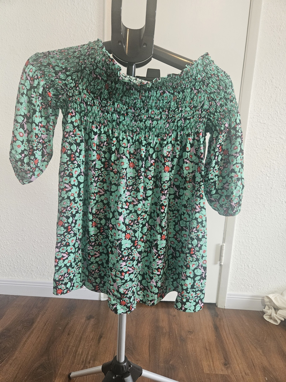 Maje Green Floral Smocked Off-Shoulder Blouse